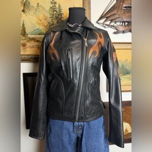 Y2K Harley-Davidson Black Leather Motorcycle Jacket with Snakeskin Flames Small